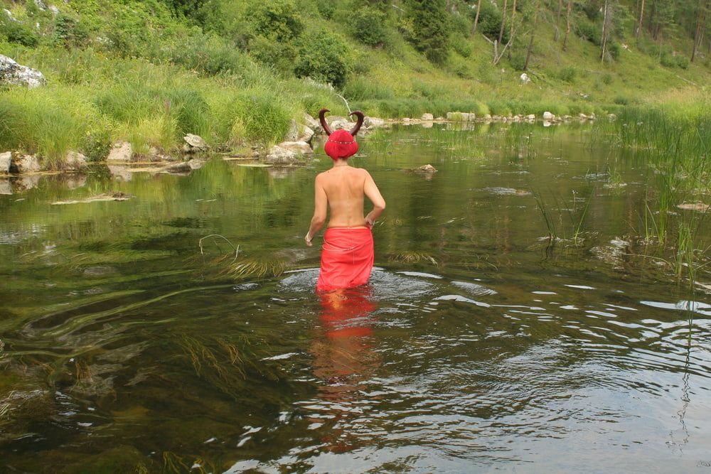 With Horns In Red Dress In Shallow River #2