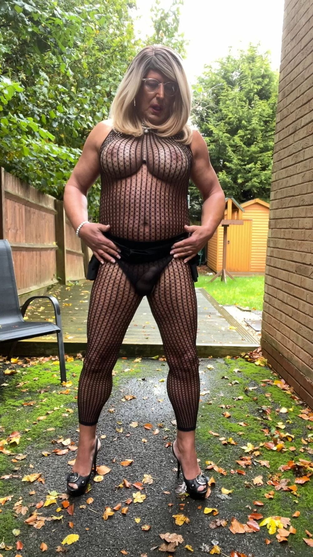 Crossdresser kellycd2022 in black fishnet catsuit and heels  #22