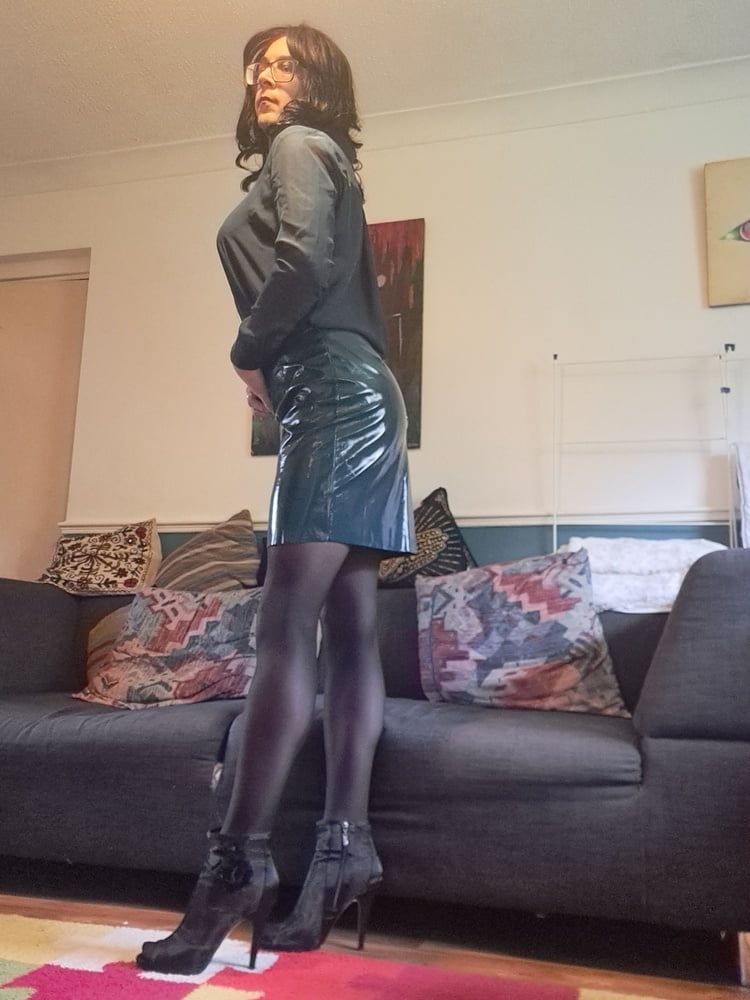 Danni in a latex skirt, sexy lingerie and seamless pantyhose #5