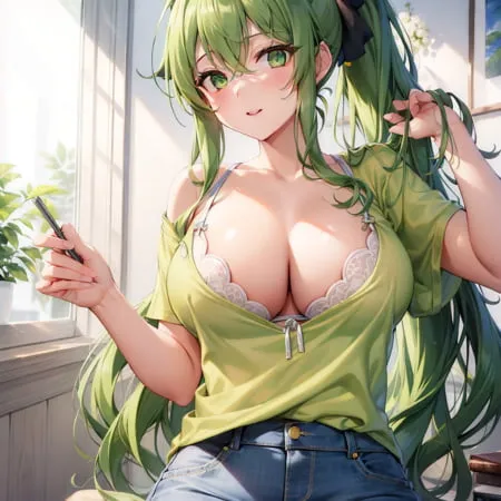Hentai anime hot girl with long green hair sends nudes         