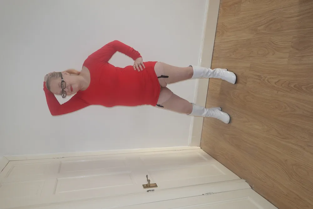 wearing red dress, Stockings and suspenders and boots #5