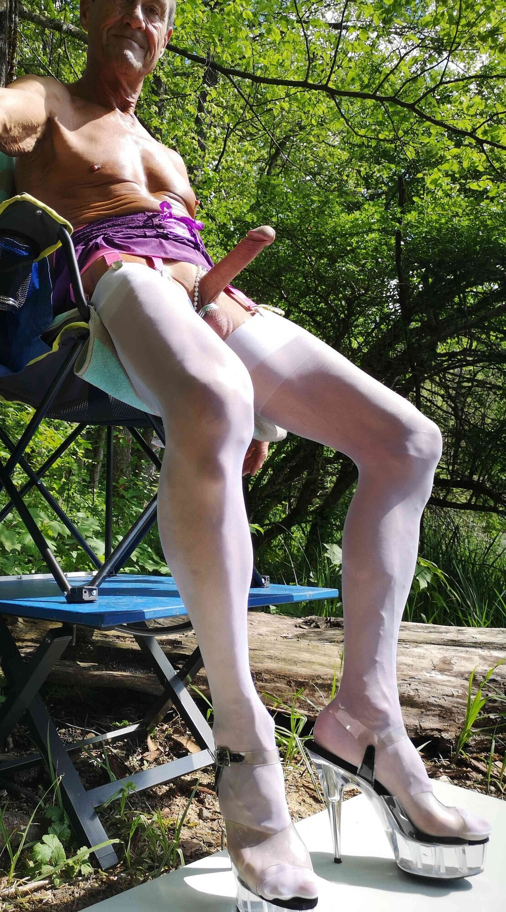 Boner and white Nylons at public Nudist Lake #6
