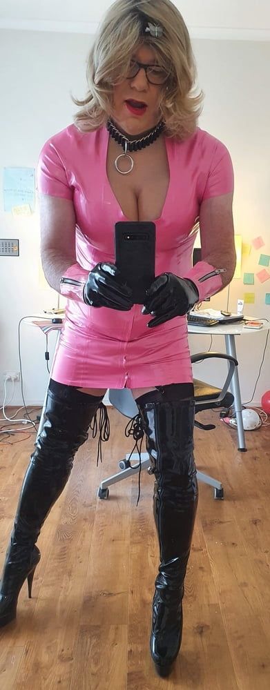 Rachel in pretty pink latex, black thigh boots #9