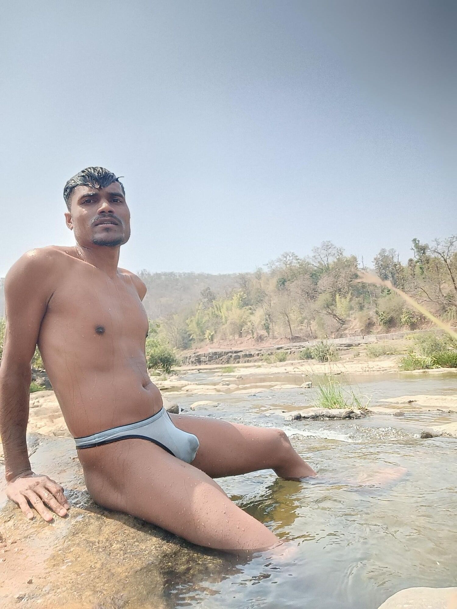Hot muscular gym boy outdoor in river bathing enjoying swimm #2