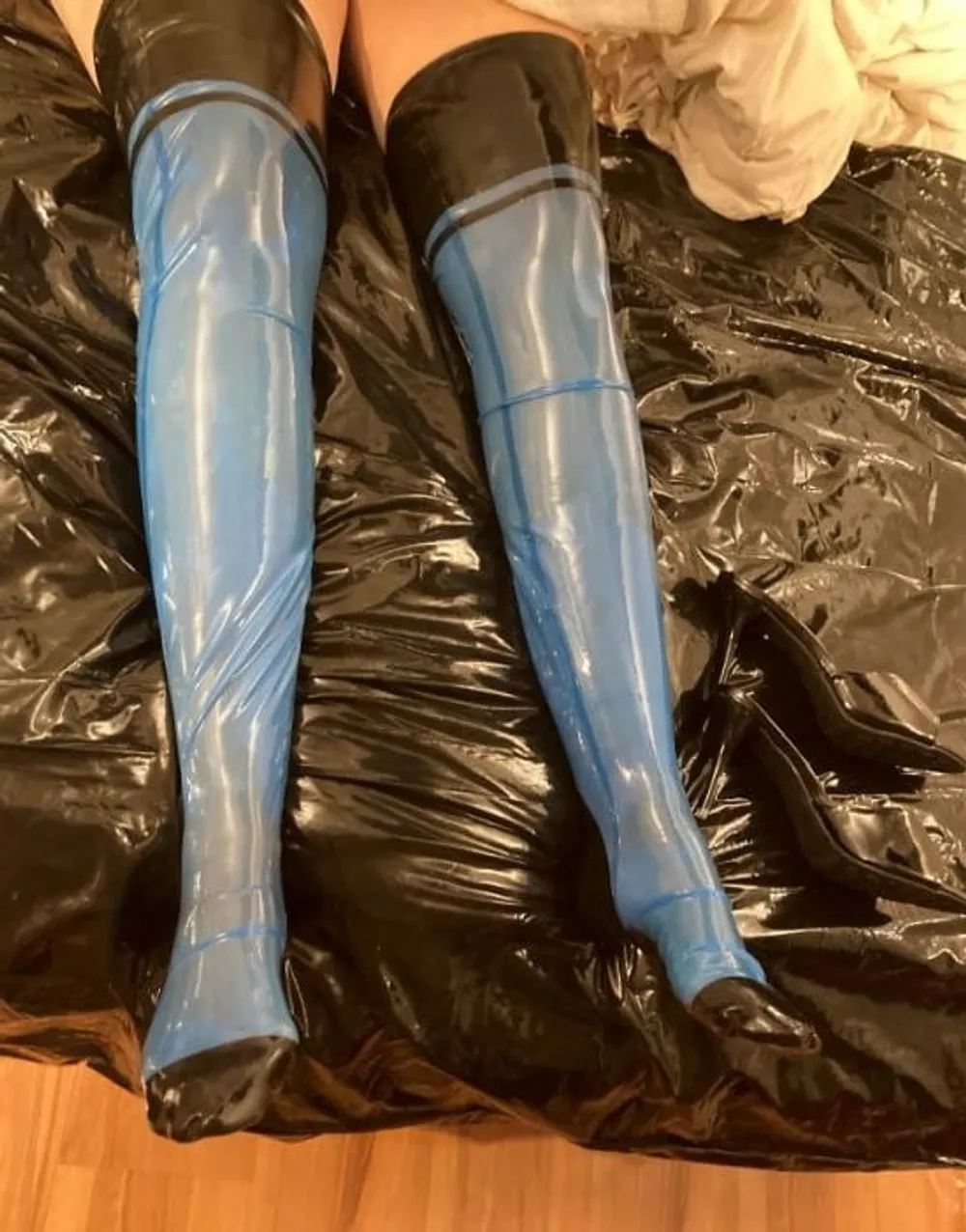 Transparent Blue Latex Stockings and Black Mules #2