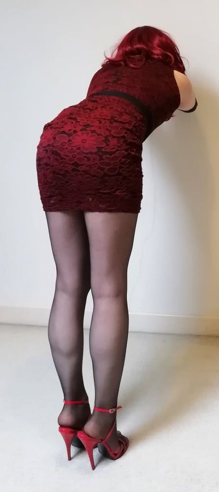 Marie crossdresser in lacy red dress and sheer pantyhose #6