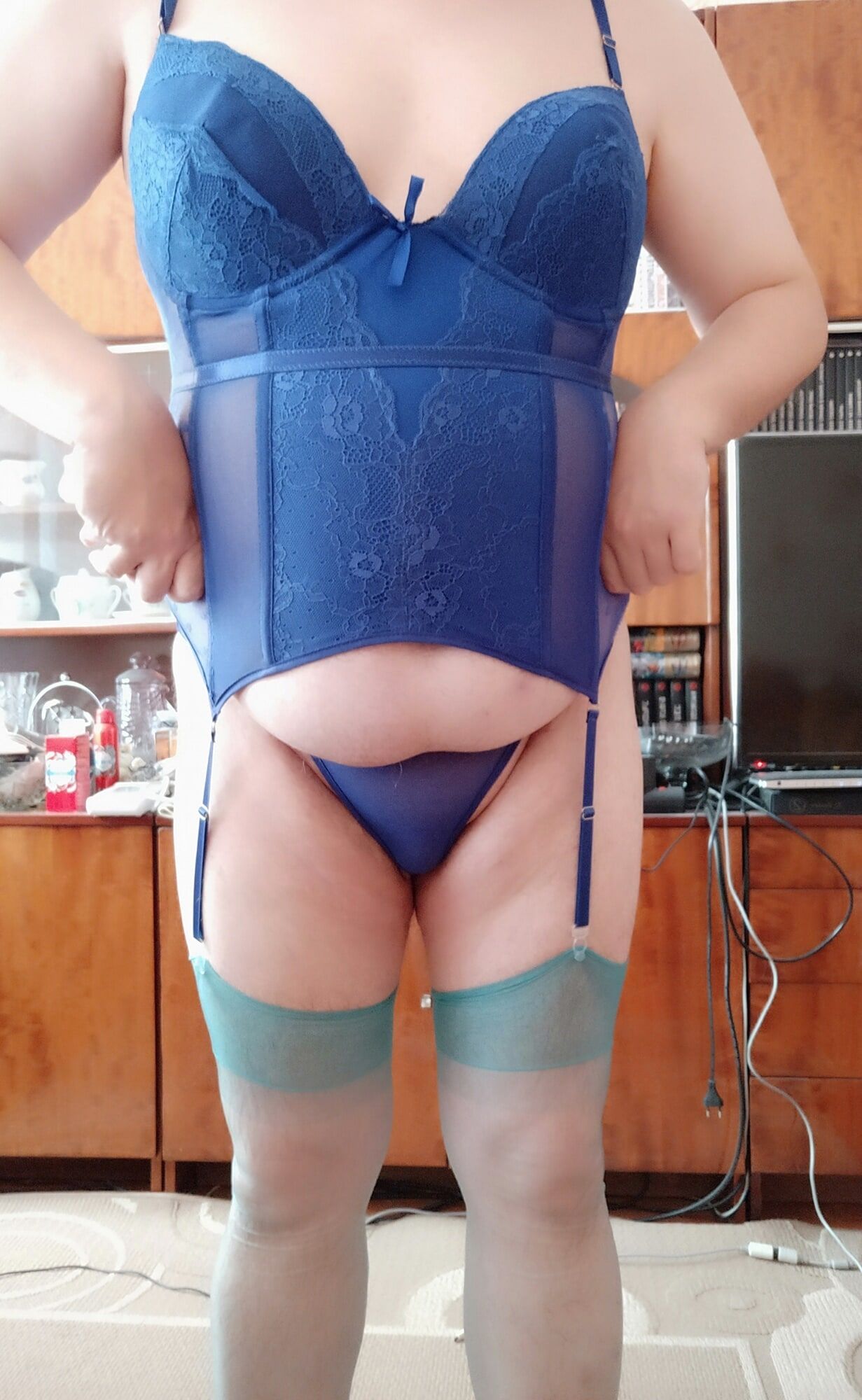 Sissy Aleksa posing in blue corset and green stockings #6