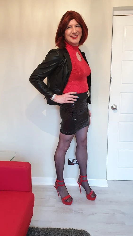 Leather jacket and pink sissy chastity for TGirl Lucy #2