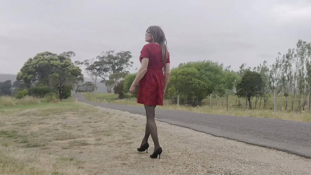 Crossdress road trip red dress #3