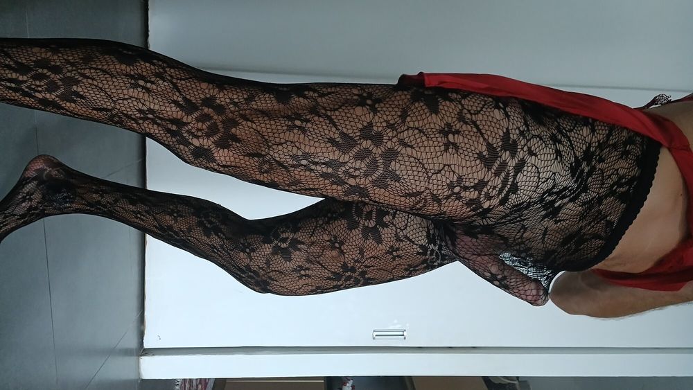 Fishnet pantyhose red nightie  #20