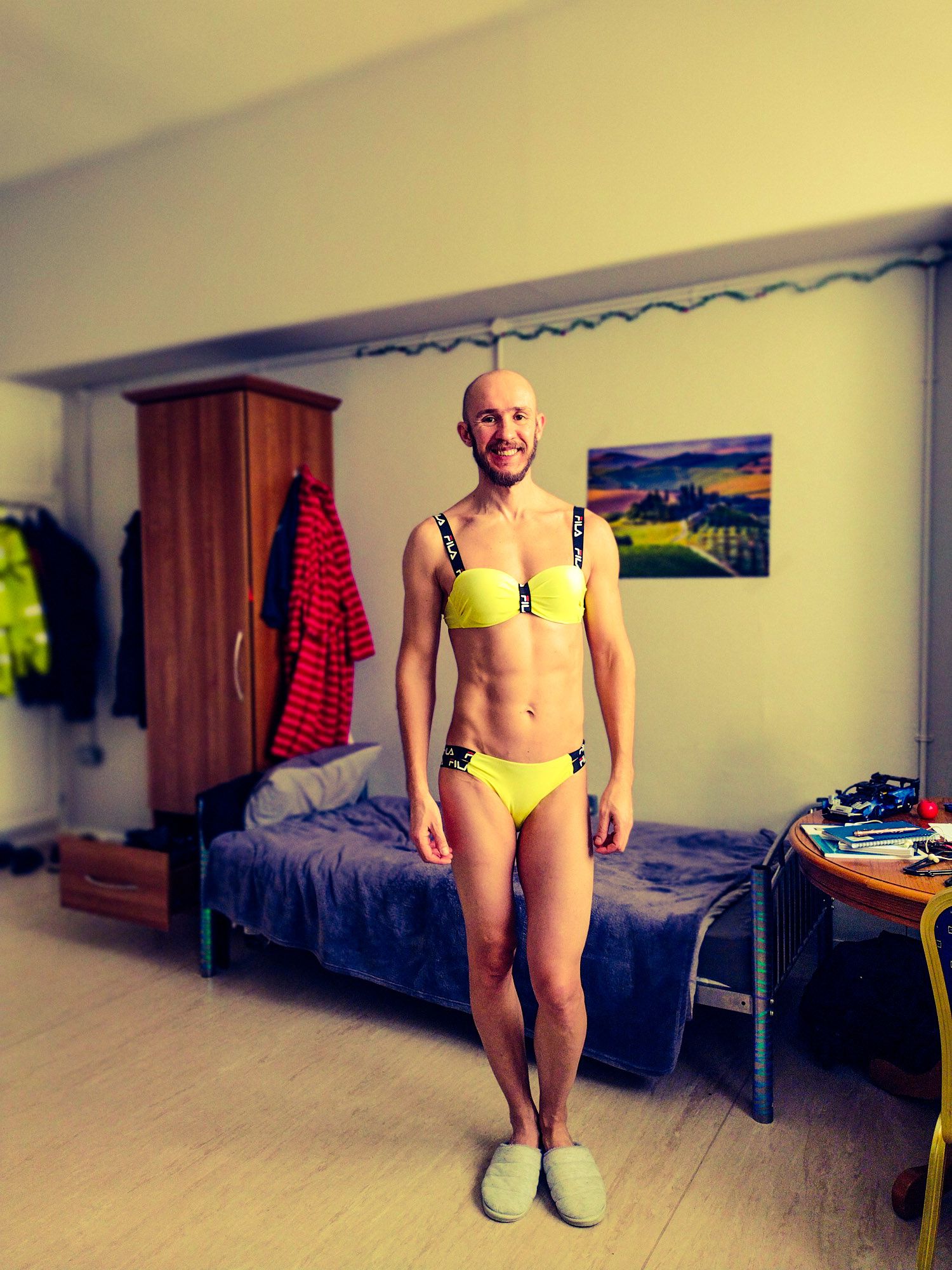 Bearded athletic man posing in yellow swimsuit  #18