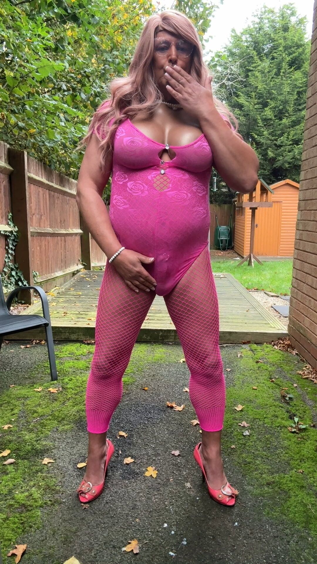 Crossdresser kellycd2022 in pink playsuit and fishnets  #40