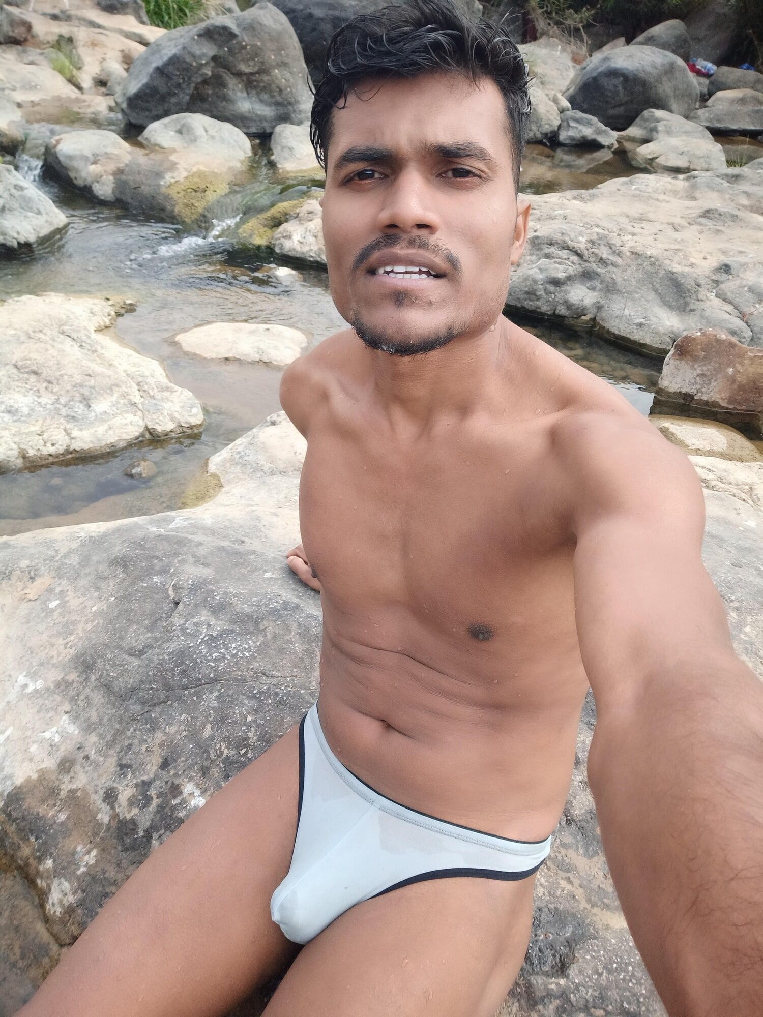 Hot muscular gym boy outdoor in river bathing enjoying swimm #12