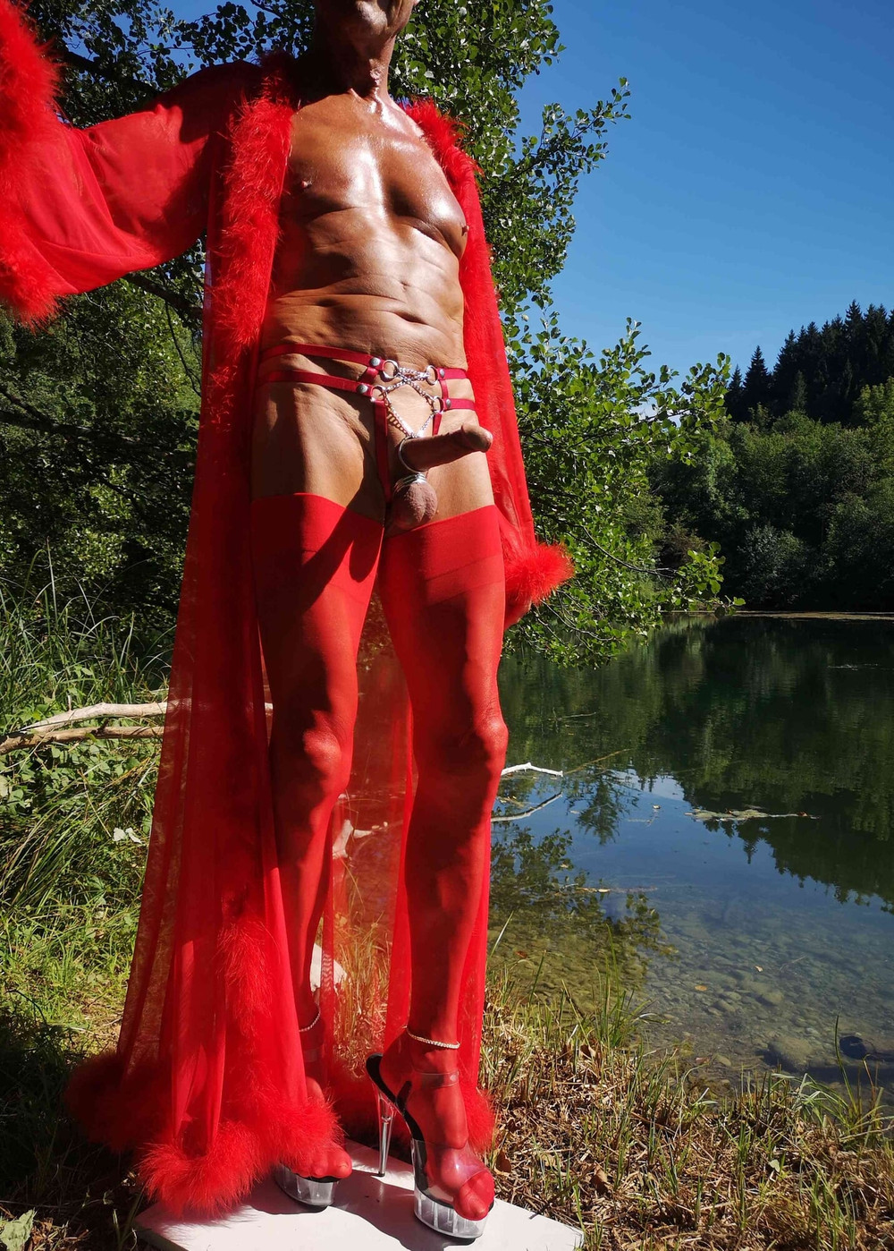 Boner in red at public Nudist Lake #5