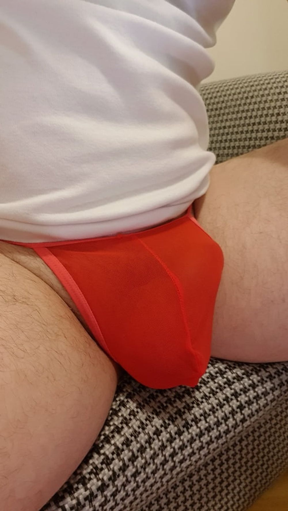 Red sheer mesh panties bulge #4