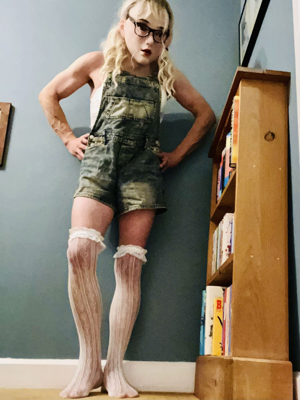 Sissy Simone in dungaree shorts and chastity device #2