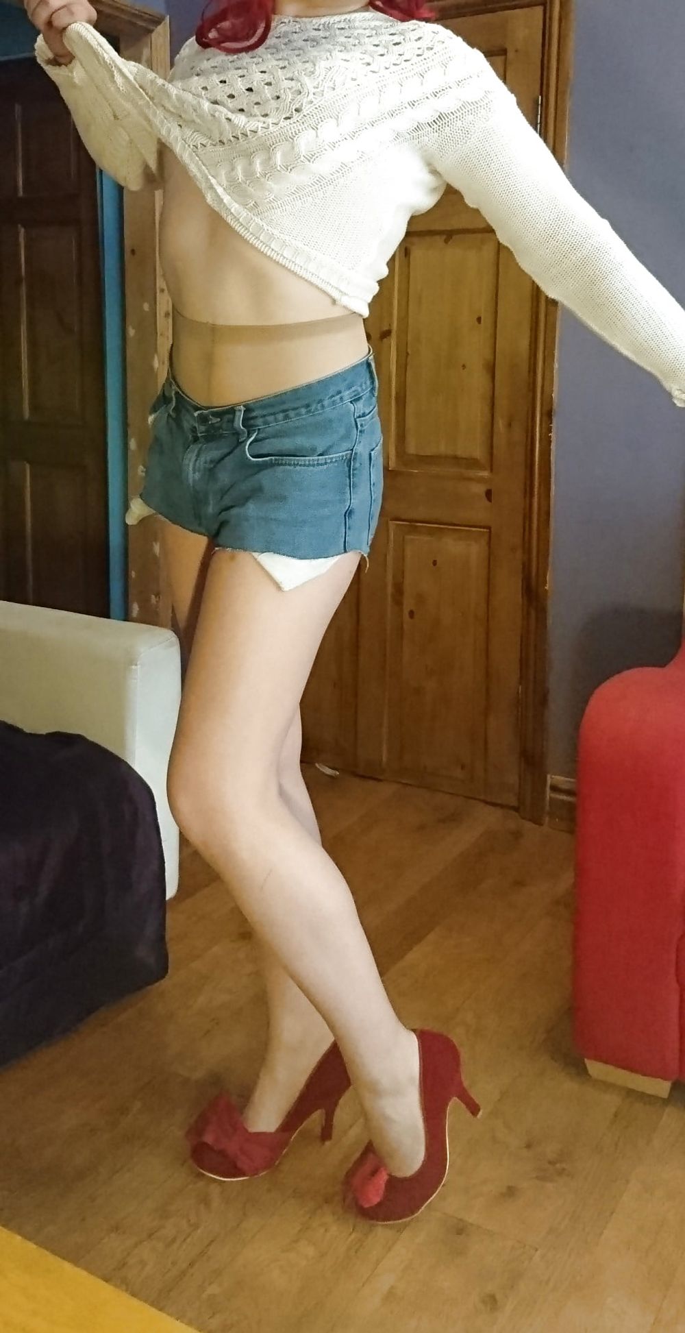 Marie crossdresser denim cut-offs and nude pantyhose #19