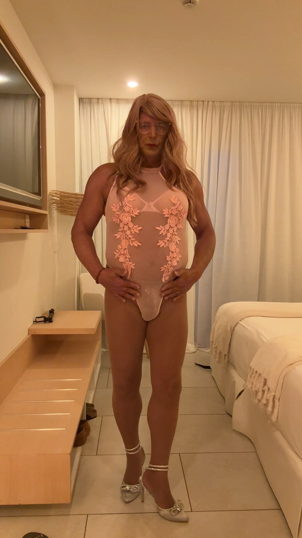 Sexy Crossdresser kellycd2022 in pink bodysuit and pantyhose #42