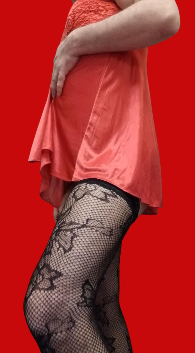 Crossdresser posing in red sexy lingerie with chooks #8