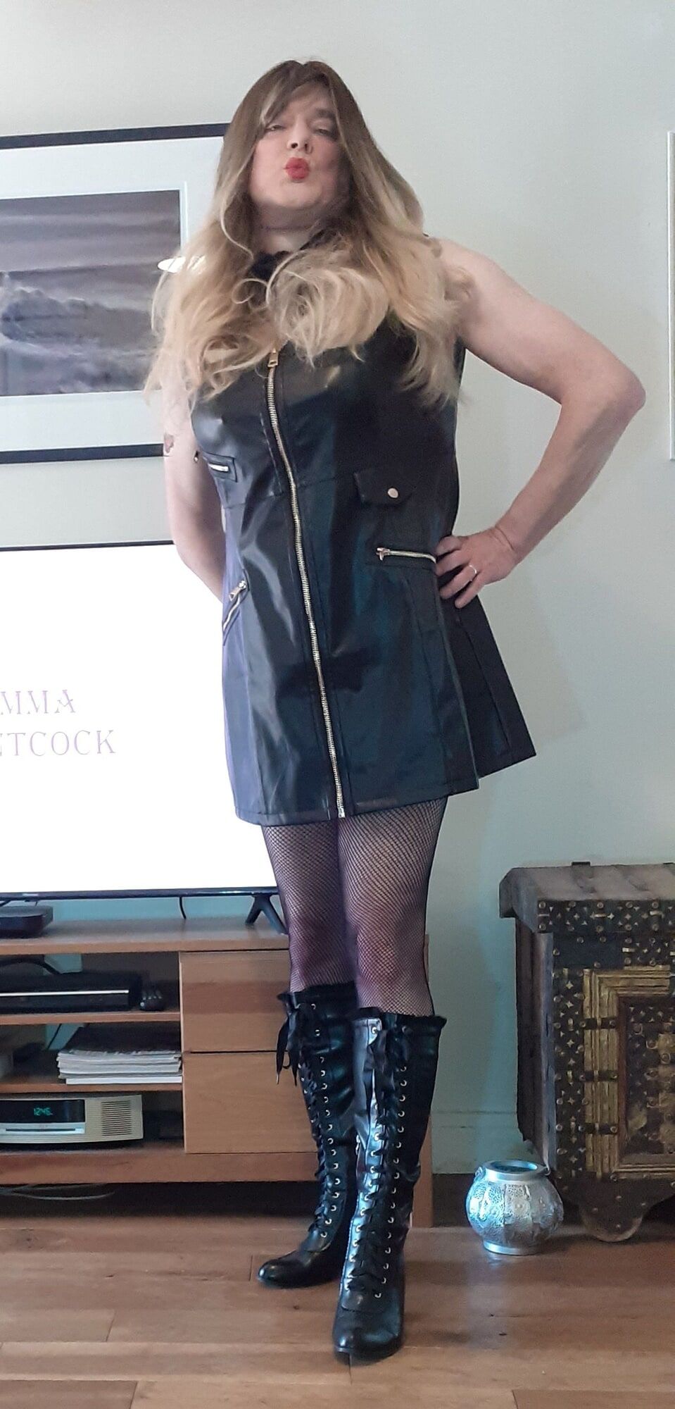 crossdressed in black leather dress #14