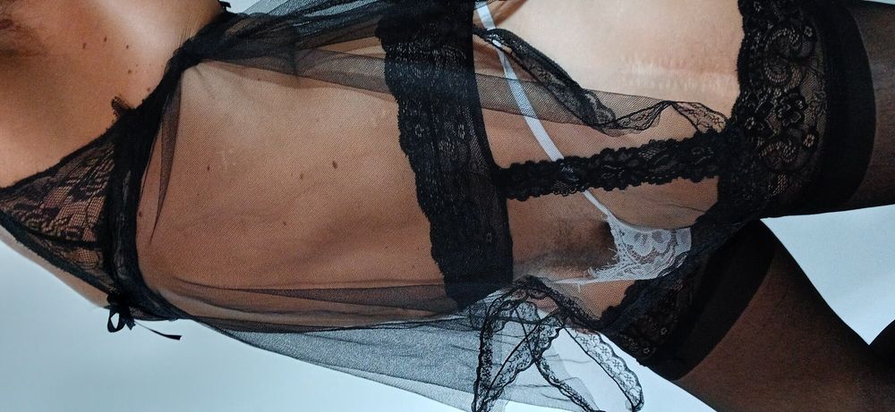 Black stoking white panty and black transparent nightie #18