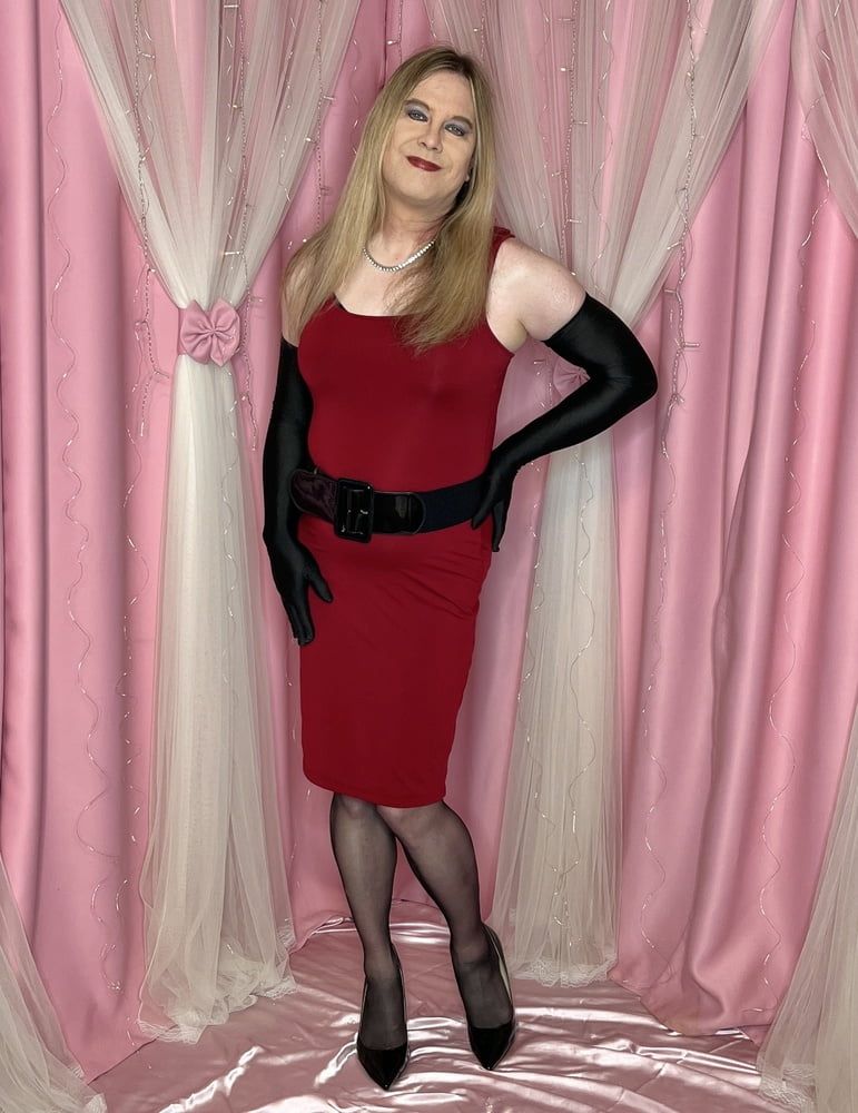 Joanie - Red Dress and Y Strap Garter Belt #3