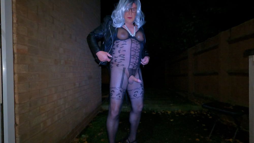 Crossdresser Kellycd masturbating in black bodysuit outdoor  #42