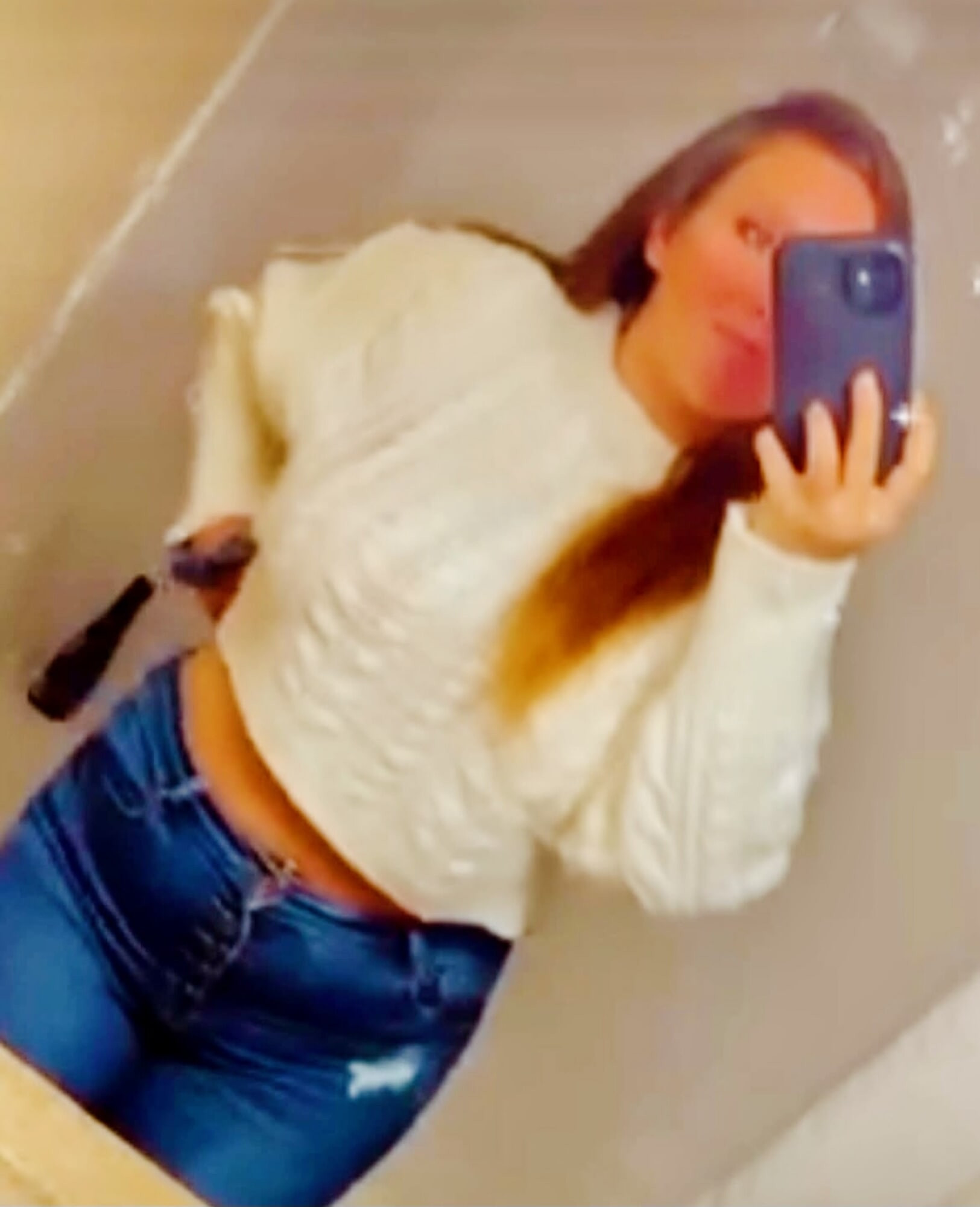 Photos of me in my white sweater and later fingering in it 