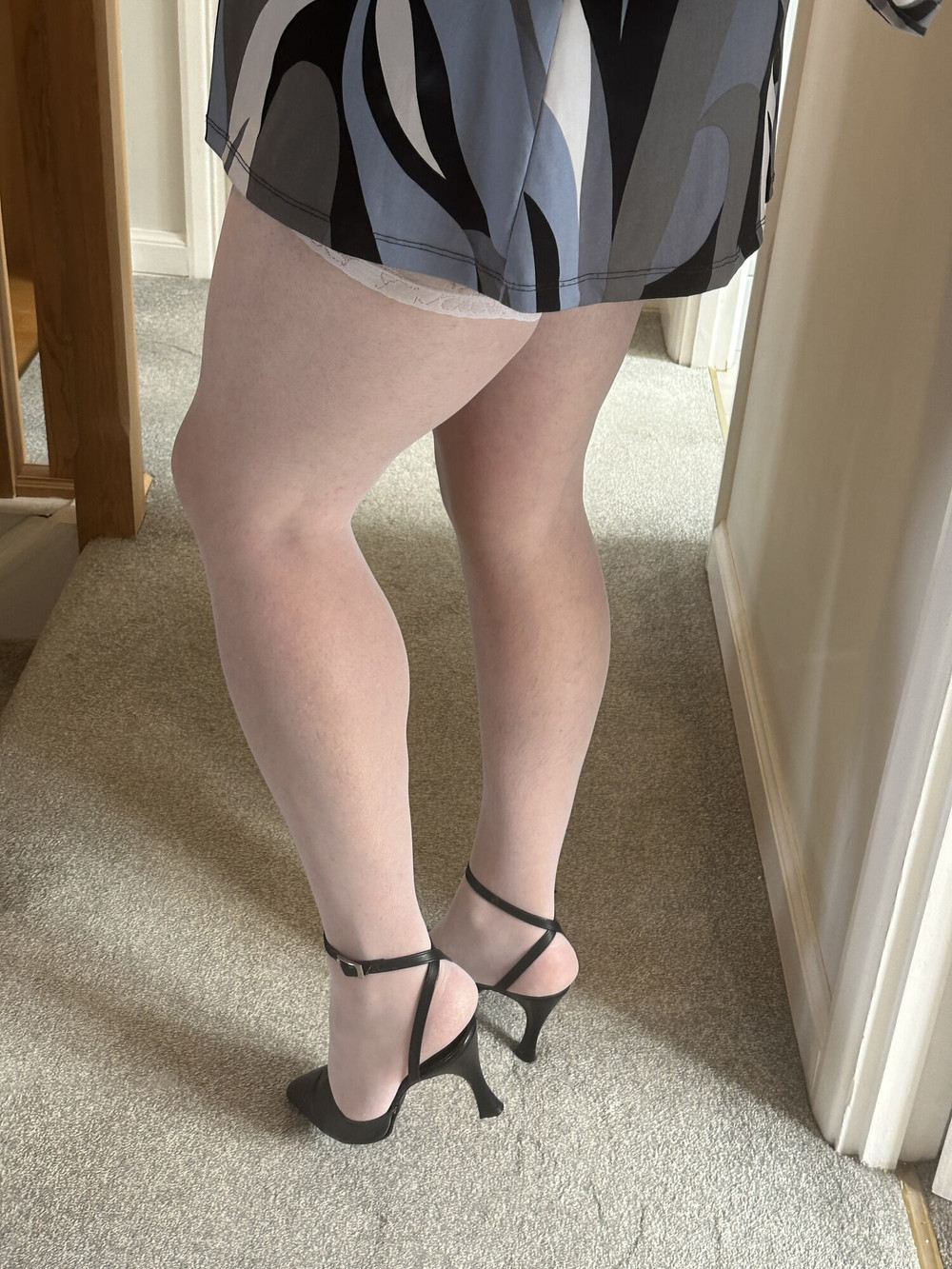 Crossdresser wearing White Stockings and sexy Heels #7