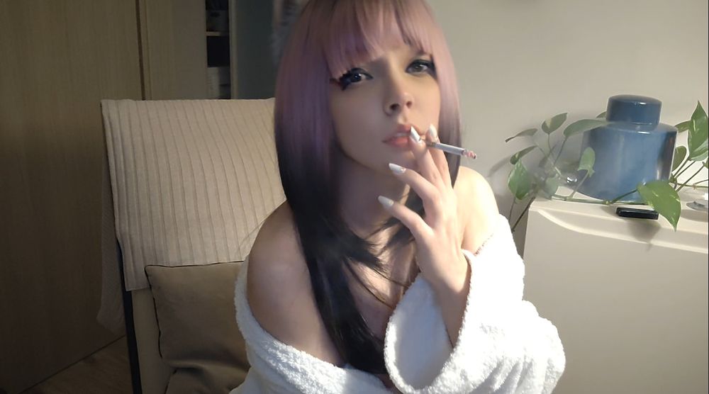 Small titties Egirl in bathrobe smoking #4