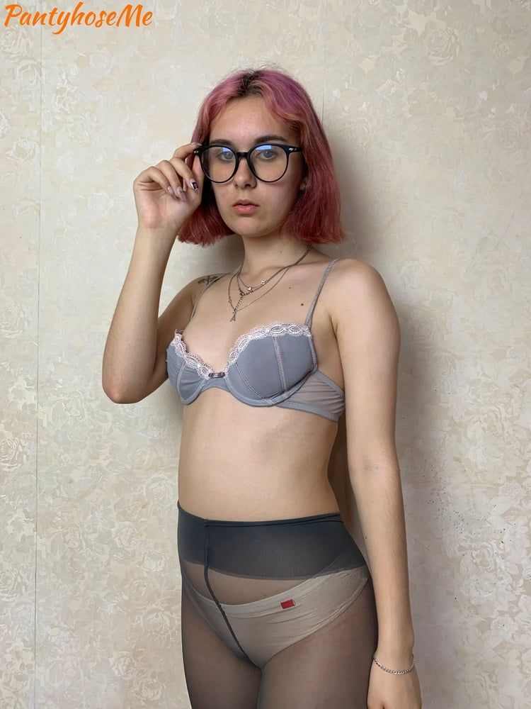 Nerdy Babe In Bra, Panties and Pantyhose #4