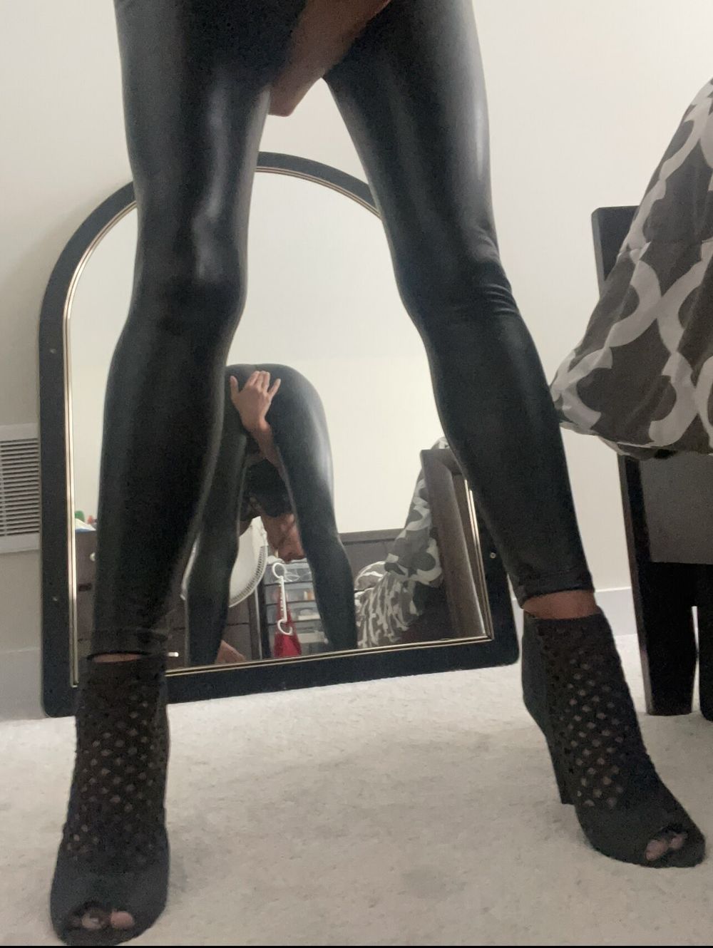 Black leather, heels, mirror, suction dildo #6