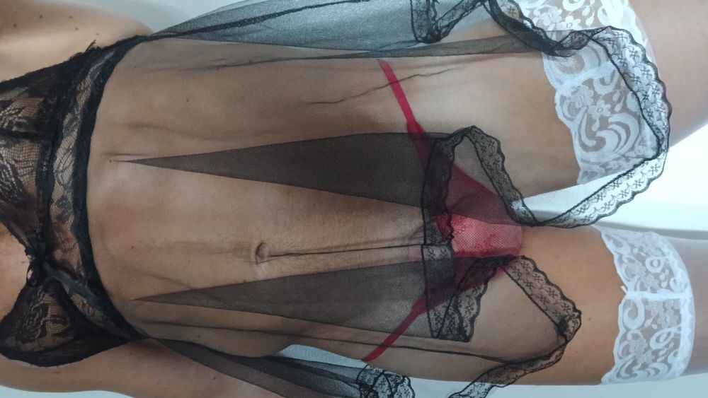 Sexy transparent BLACK nightie RED pantie WHITE stoking #12