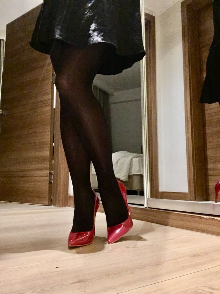 Shiny Black Tights & Red Heels #13