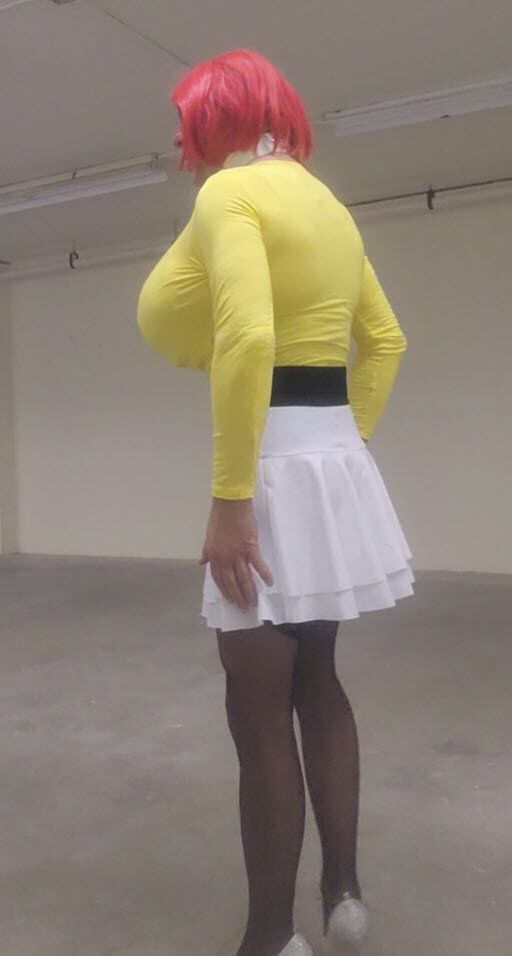 DeeDeeSlut White Skirt Yellow Top T Back Bra #2