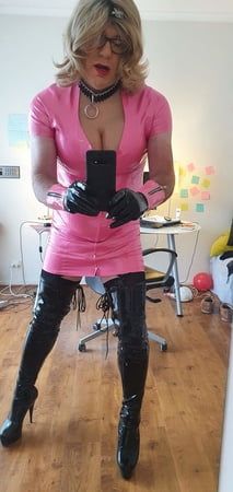 Rachel in pretty pink latex, black thigh boots