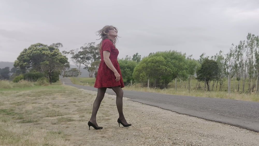 Crossdress road trip red dress #12