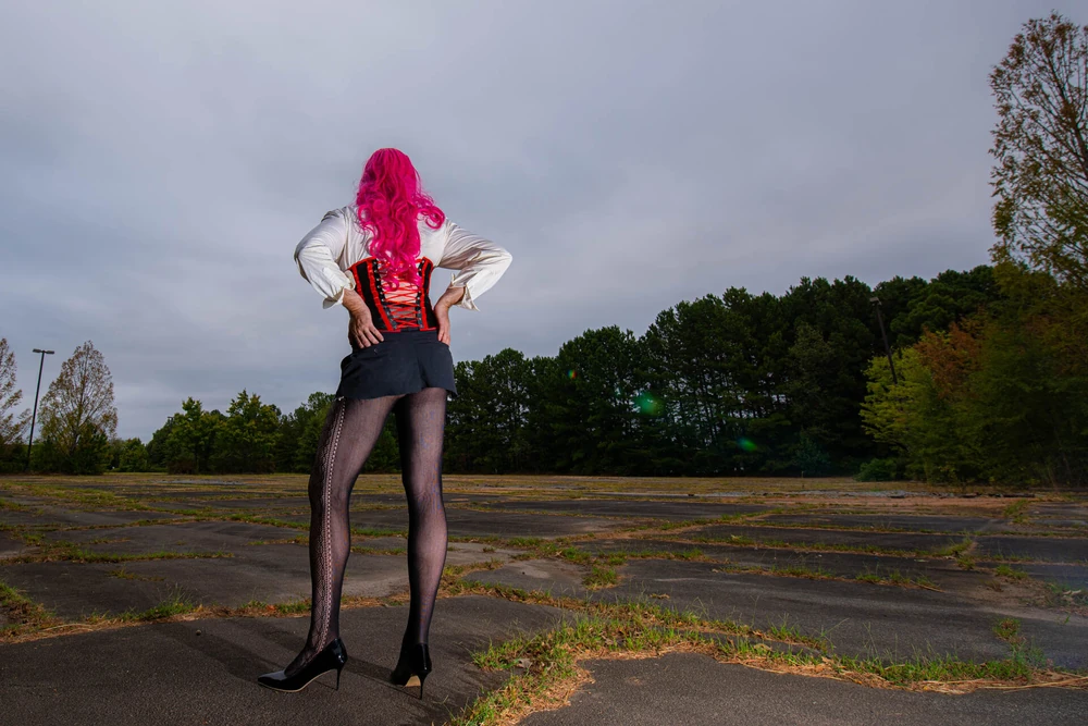 Fake tits crossdresser in short skirt and corset out side #6