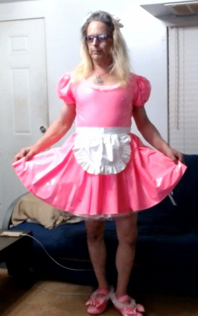 Sissy Slut Ashley Jolene Modeling A PVC sissy maid uniform