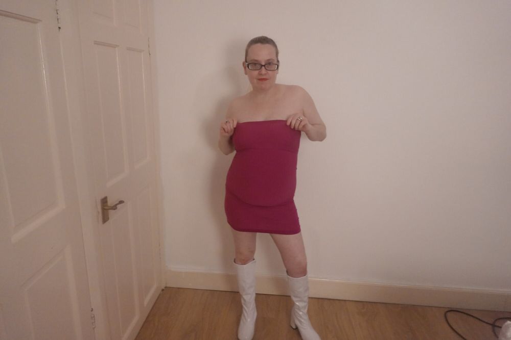 Date night pink dress and White PVC Knee Boots #14