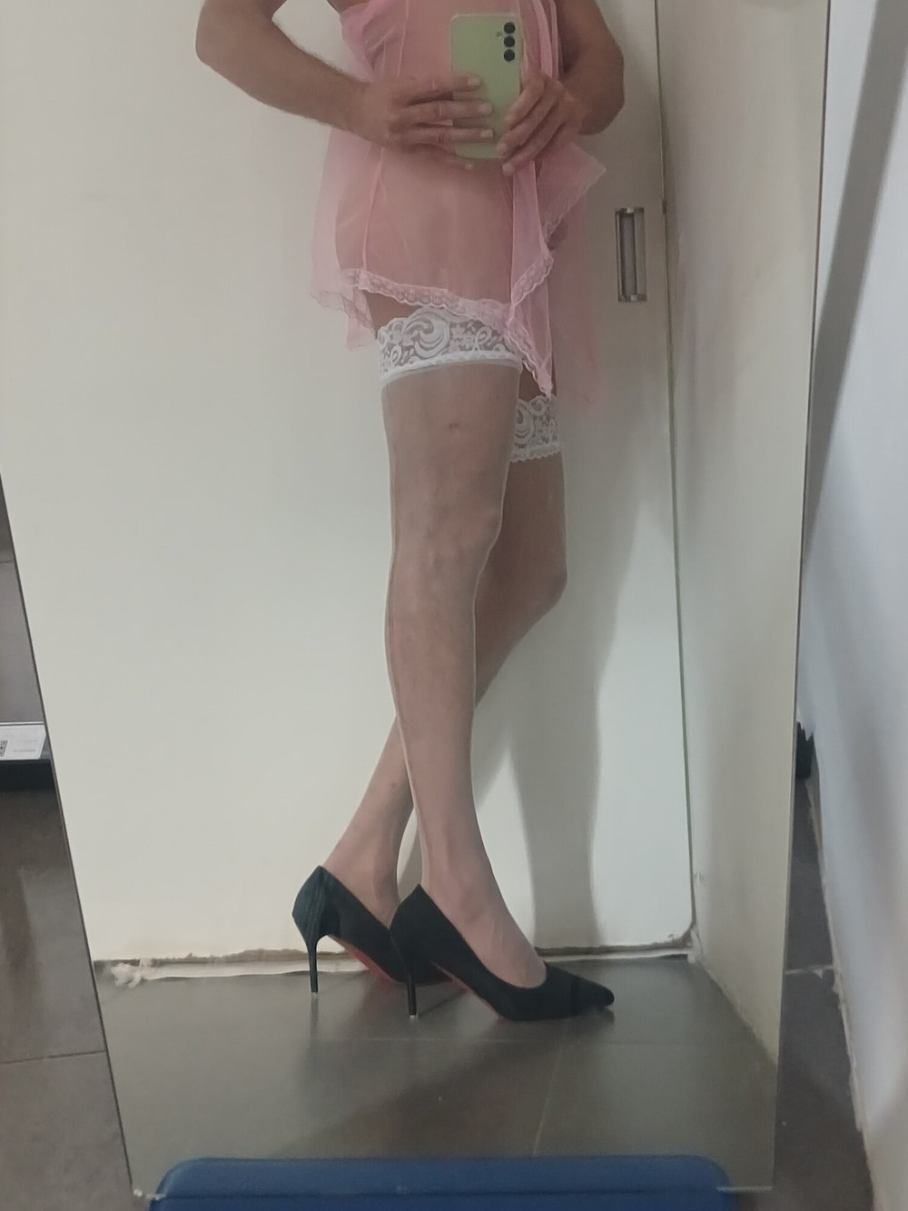 Transparent Pink nightie &amp;white stoking high heels #4