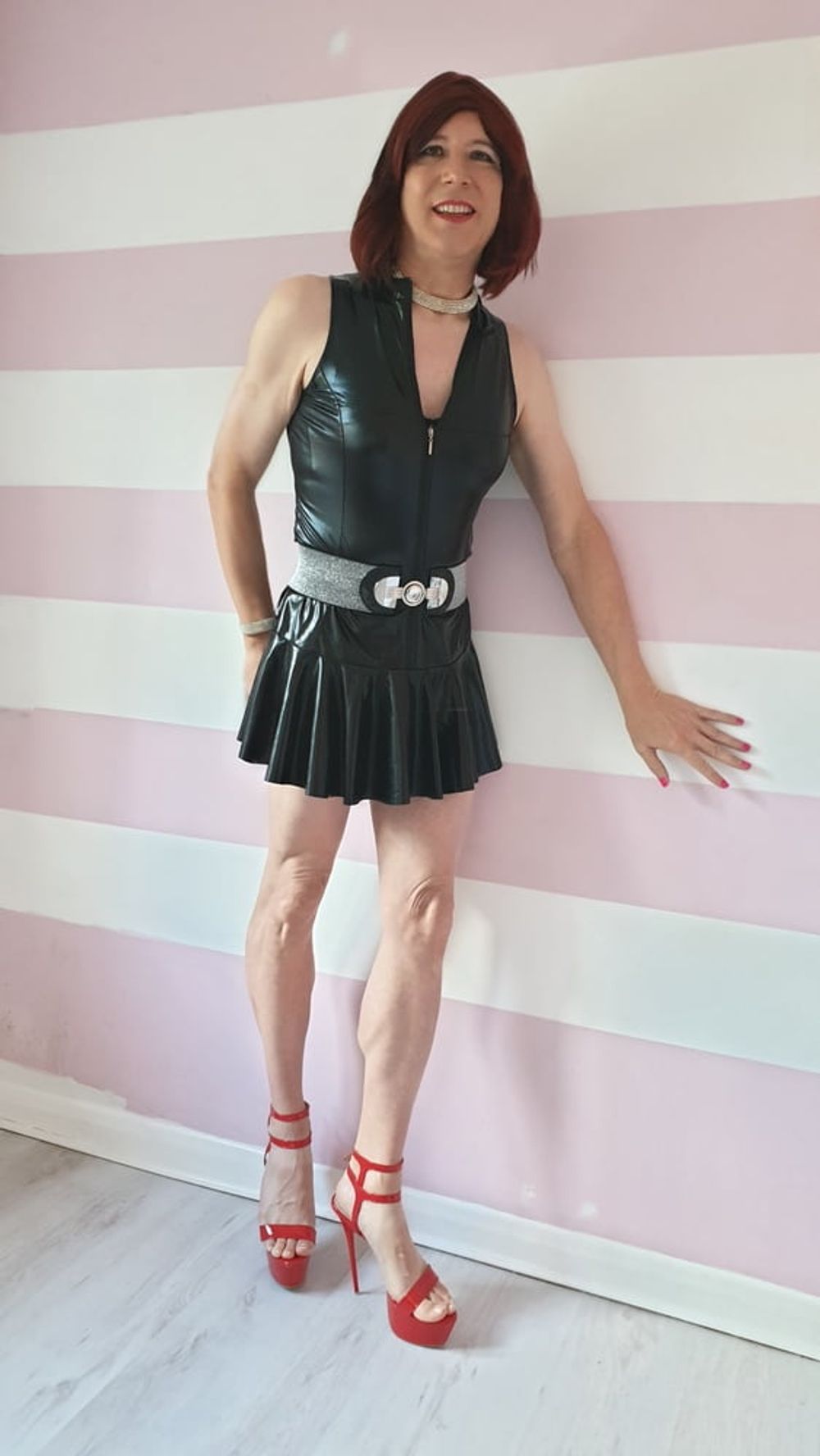 Sissy lucy showing off in wet look skater dress and chastity #3