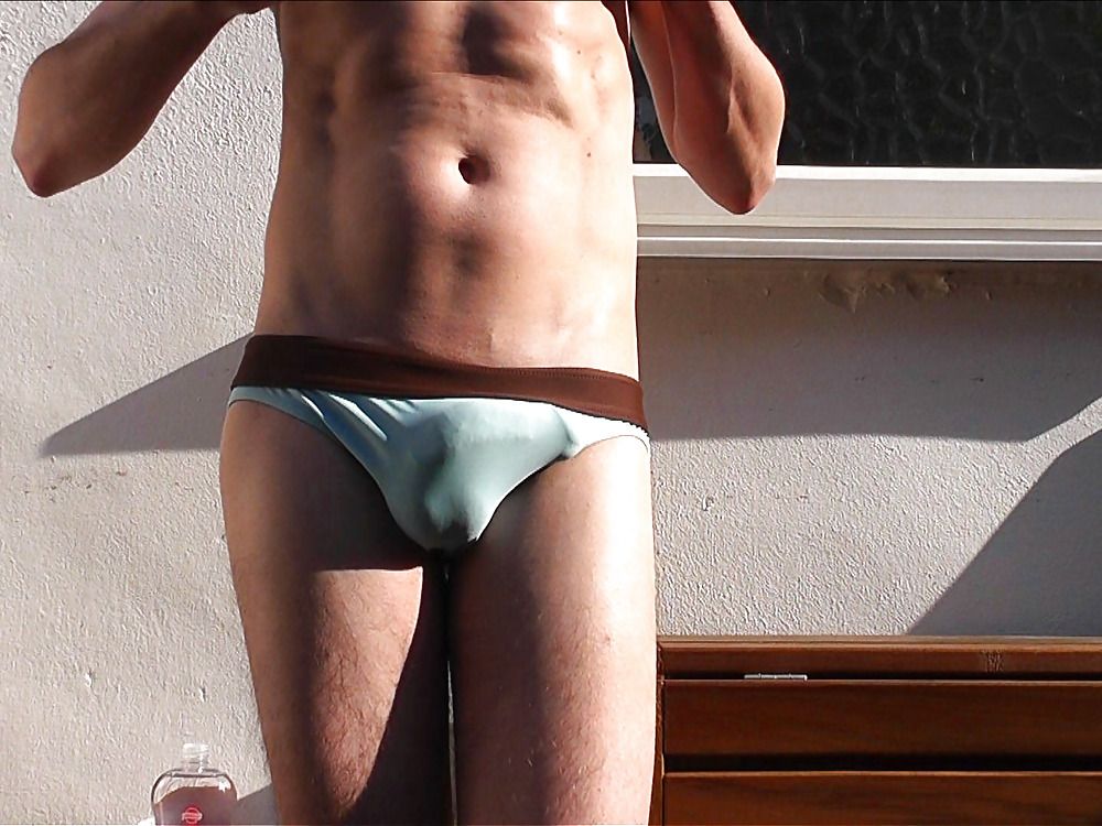 Bulging blue speedos and oily outdoor jerk and cum #17
