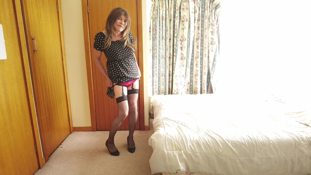 Crossdress Striptease poka dot dress #9