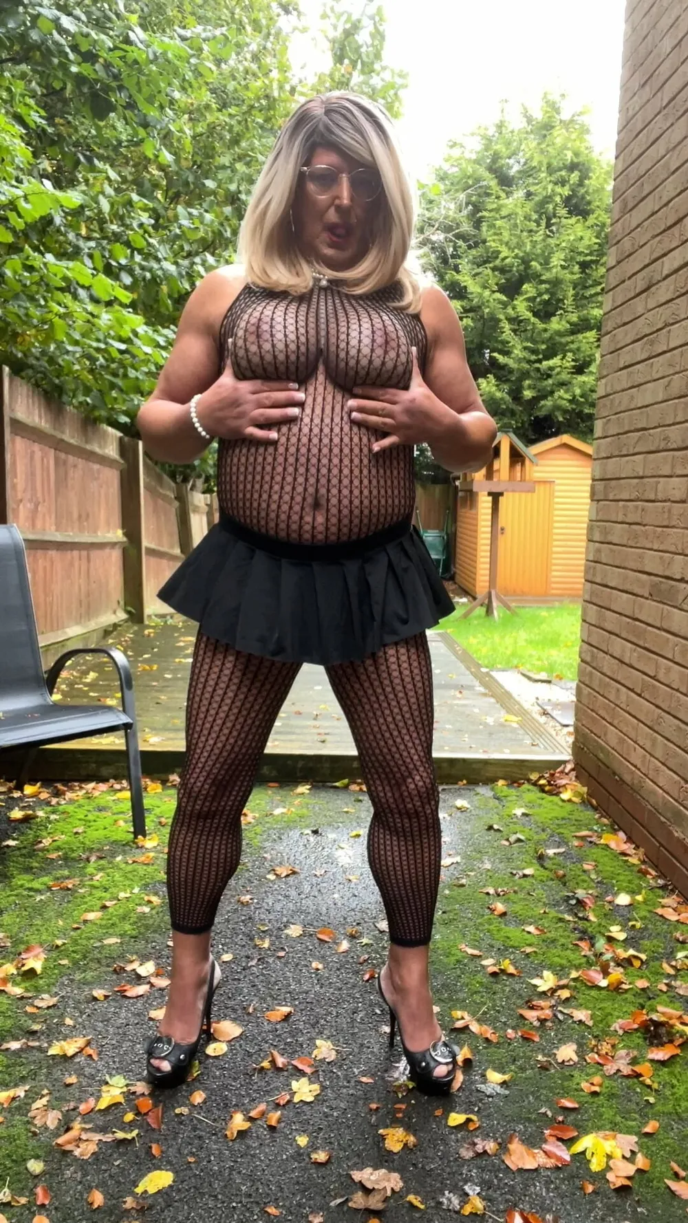 Crossdresser kellycd2022 in black fishnet catsuit and heels  #13