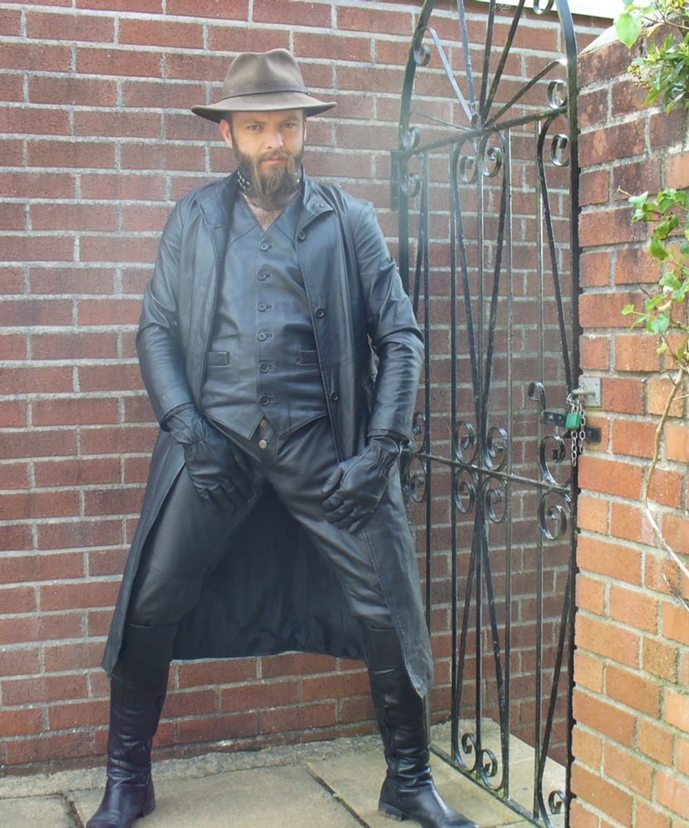 Leather Master outdoors in leather coat and boots