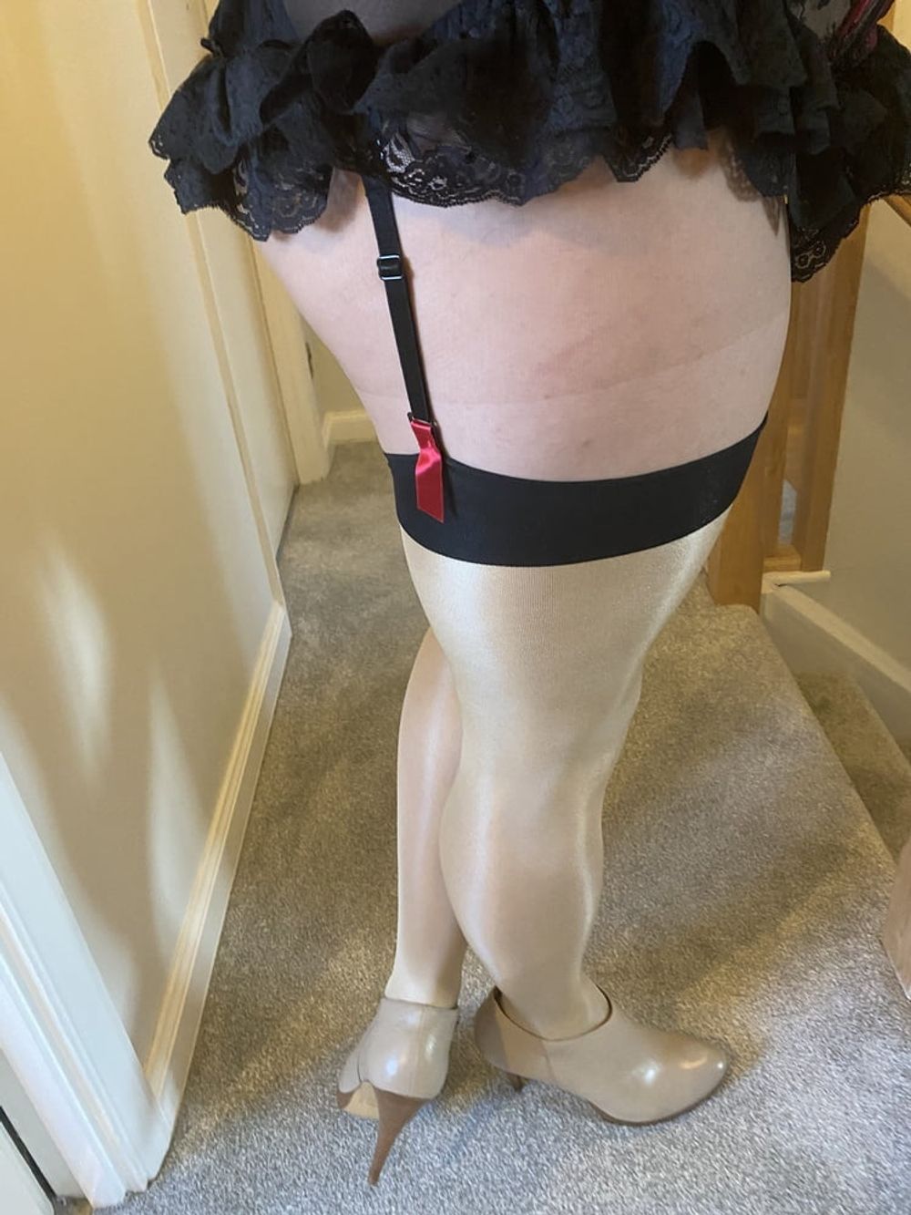 Sissy crossdresser wearing sexy lingerie & tan stockings #44