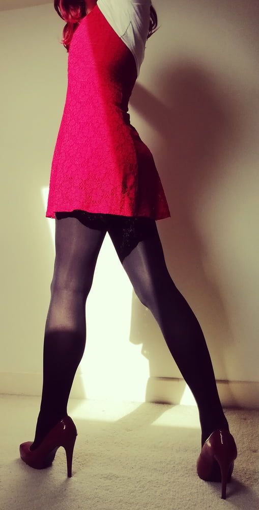 Marie crossdresser in red dress and opaque tights #3