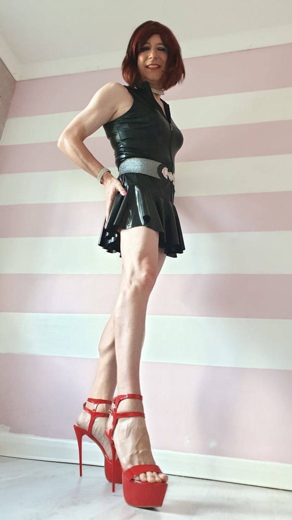 Sissy lucy showing off in wet look skater dress and chastity #7