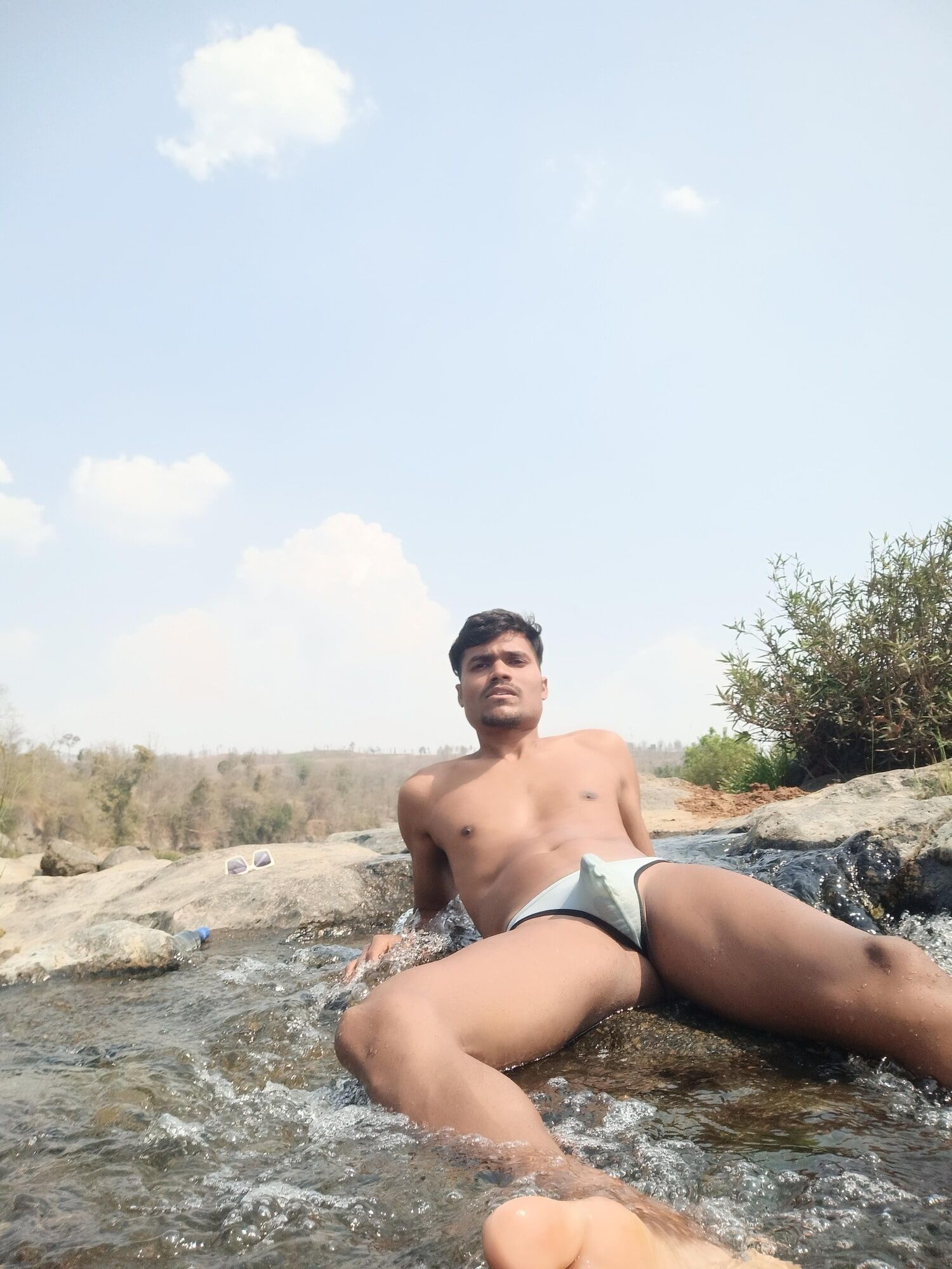 Hot muscular gym boy outdoor in river bathing enjoying swimm #19